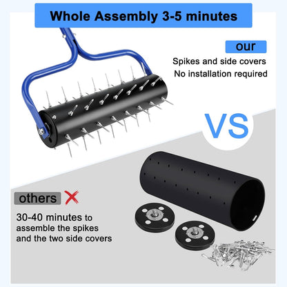 21" Rolling Lawn Aerator, 45 Preassembled Spikes, Only Needs 3-5 Minutes to Assemble, No Looseness, No Bending, No Need to Add Weight, 75" Long Handle with Quick Clip Connections - Blue