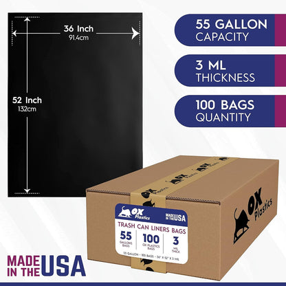 55 Gallon Trash Bags Heavy Duty – Large Black Contractor Bags 36x52" – Industrial, Yard Waste, Lawn & Leaf, Construction Garbage Can Liners – Made in USA (3 Mil, 100 Count)