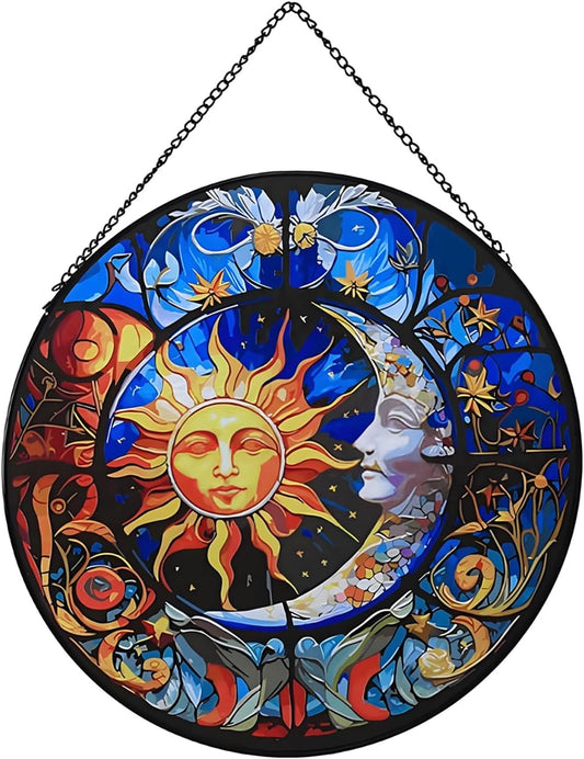 Hanging Stained Glass for Windows,20cm/7.87inch Sun and Moon Hand-Painted Sun Catcher Garden Hangings Christmas Mother's Day, Valentine's Day Ornaments Festival Gift