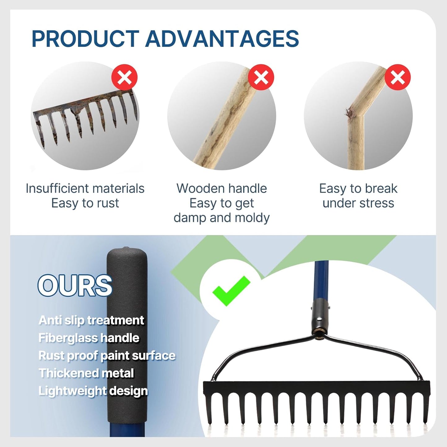 WIKER 14 Tine Metal Garden Rake 57 Inch Heavy Duty Lawn and Soil Leveling Rake with Fiberglass Handle Anti Rust Coating for Gardening Mulch Gravel and Leaf Cleanup