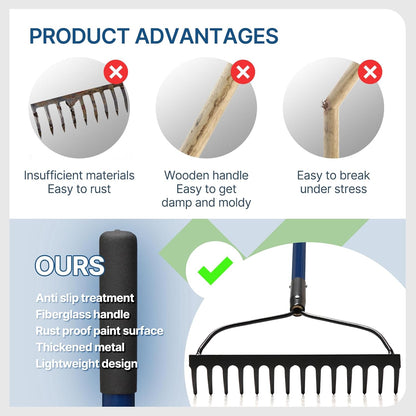 WIKER 14 Tine Metal Garden Rake 57 Inch Heavy Duty Lawn and Soil Leveling Rake with Fiberglass Handle Anti Rust Coating for Gardening Mulch Gravel and Leaf Cleanup