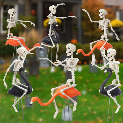 Geelin 12 Pcs Halloween Skeletons Flamingo Yard Decorations Skeleton Black Orange Buzzards Stakes for Halloween Lawn Garden Outdoor Party Decorations