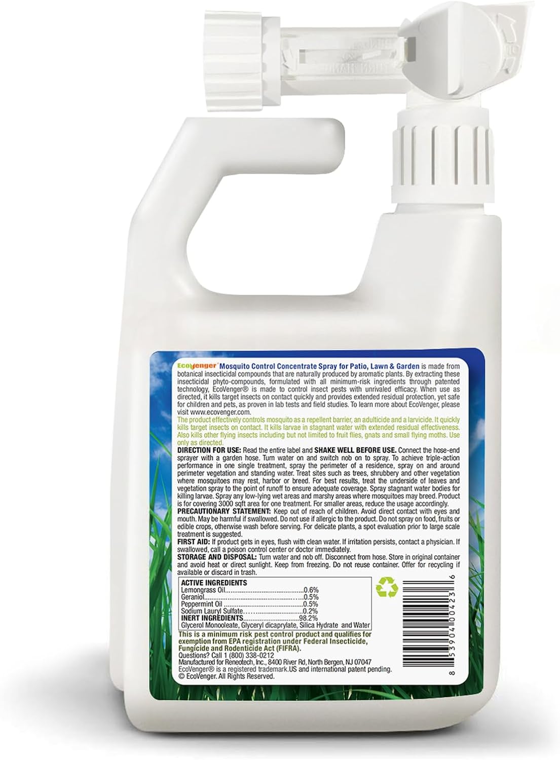 EcoVenger by EcoRaider Mosquito Control Triple-Action Hose-end Spray 32 oz, Kills Aphids, Gnats, Ticks, Kills All Stages + Larvae Control + Lasting Repellency, Citrus Scent, Non-Toxic Child-&-Pet-Safe