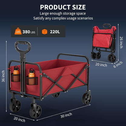 Collapsible Wagon Cart 380Lbs Capacity, Foldable Utility Portable Beach Wagon with All-Terrain Wheels, Adjustable Handle & Drink Holders, Carts with Wheels for Grocery, Camping, Shopping, Garden Cart