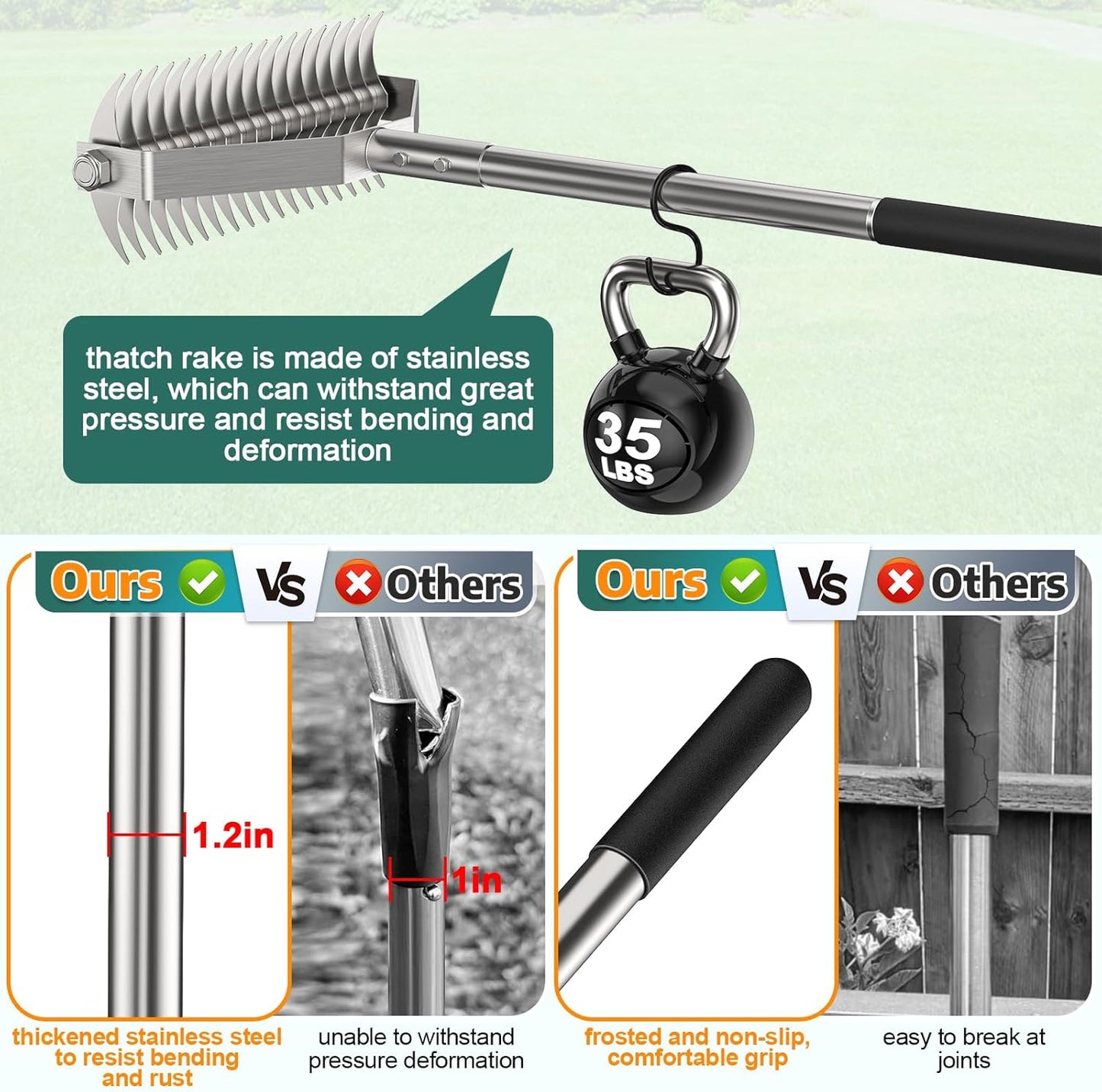 Lawn Rake for Yard, 304 Stainless Steel Thatch Rake for Lawns - Heavy Duty Dethatcher Blades with Adjustable Handle , Efficient Dethatching Rakes for Cleaning Dead Grass, Loosening Soil