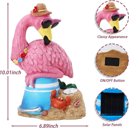 Flamingo Garden Statue Outdoor Decor, Resin Garden Flamingo Figurine Sculpute with Solar Lights for Yard Porch Lawn Decorations, Outdoor Statues Housewarming Flamingo Gifts for Women