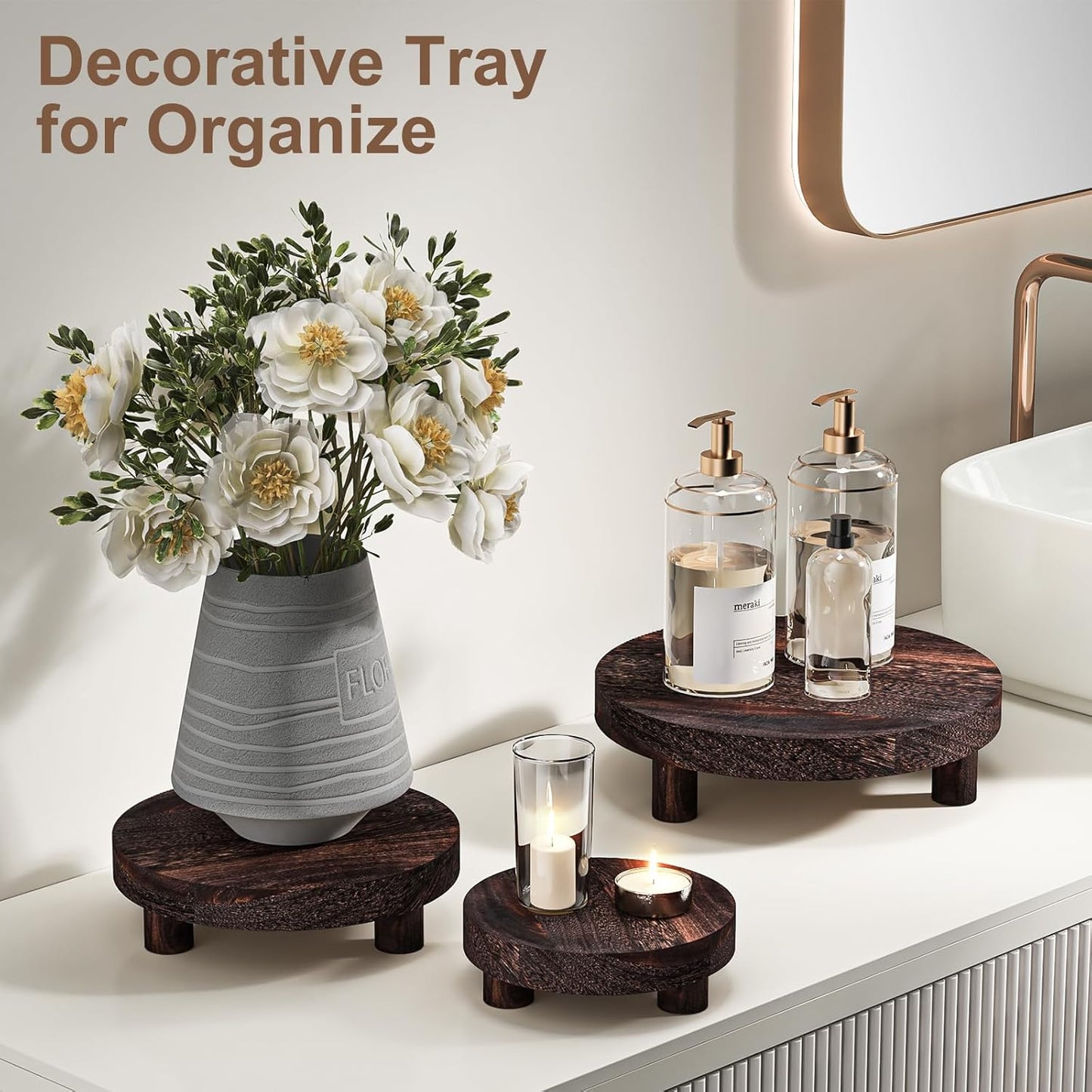 3 Pcs Wood Plant Stand Indoor Outdoor, Round Wood Riser for Decor 6/8/10" Wooden Stool Display Stand Flower Pot Holder Small Planter Tray Modern Potter Decorative for Desktop Counter Room