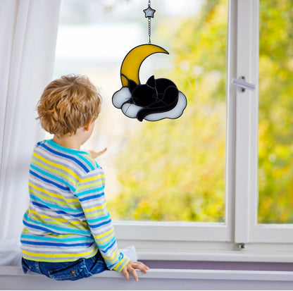 Sleeping Cat Stained Glass Windown Hanging,The Black cat Sleeping Under The Companionship of Stars and Moon,Beautiful Handcrafted Sun Catcher Gifts for Daughter,Mothers Day,Christmas and Cat Lover
