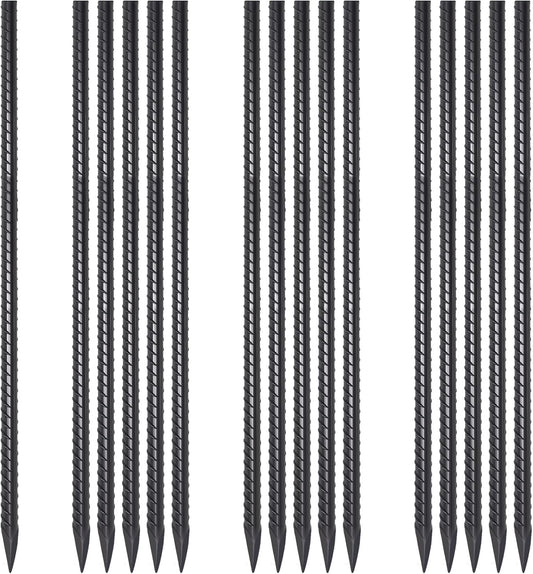 24 Inch Straight Rebar Stakes 16 Pack 1/2 Inch Diameter Metal Stakes for Garden with Chisel Point End Heavy Duty Steel Ground Anchors for Concrete Form, Landscape Timber, Plant Support, Black
