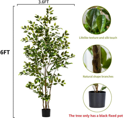 Artificial Ficus Tree Indoor 6ft, Large Potted Faux Tree with Realistic Silk Leaves & Trunk for Home Office, Living Room Corner Decor