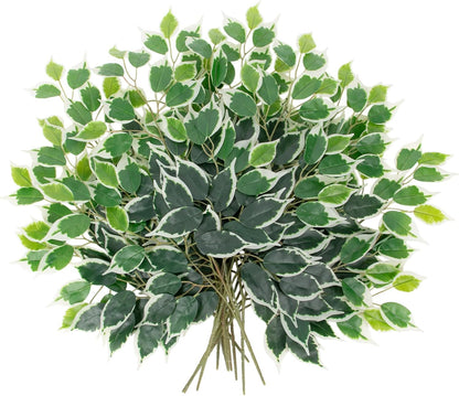 12PCS Ficus Leaves Artificial Branches 24" Faux Ficus Greenery Tree Branches Fake Ficus Leaves Sprays for Tree DIY Arch Wedding Wall Decor - Green & White