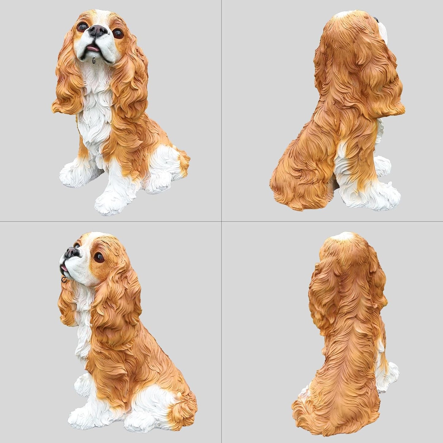 Cavalier King Charles Spaniel Outdoor Dog Statue with Reversible “Welcome/ON Patrol” Hanging Plaque and Solar Porch Lantern, Brown & White Sitting