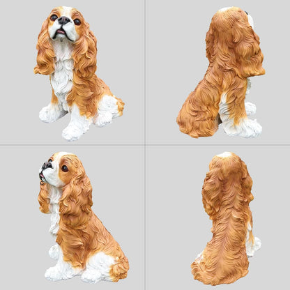 Cavalier King Charles Spaniel Outdoor Dog Statue with Reversible “Welcome/ON Patrol” Hanging Plaque and Solar Porch Lantern, Brown & White Sitting