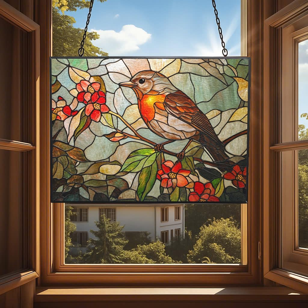 Personalized Rectangle Art Nouveau Honeysuckle Robin Stained Glass Window Hanging, Suncatcher for Women, Stained Glass Window Decor Perfect Home Décor