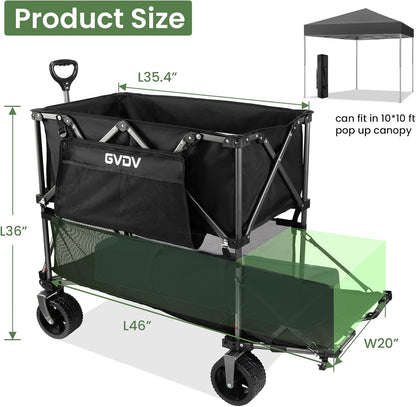 GVDV Double Decker Wagon 500LB Capacity & 400L Collapsible Carts with All-Terrain Wheels, 46" Extra Long Extender Cart with Nylon Netting, Foldable Wagon for Beach Camping Garden Sports