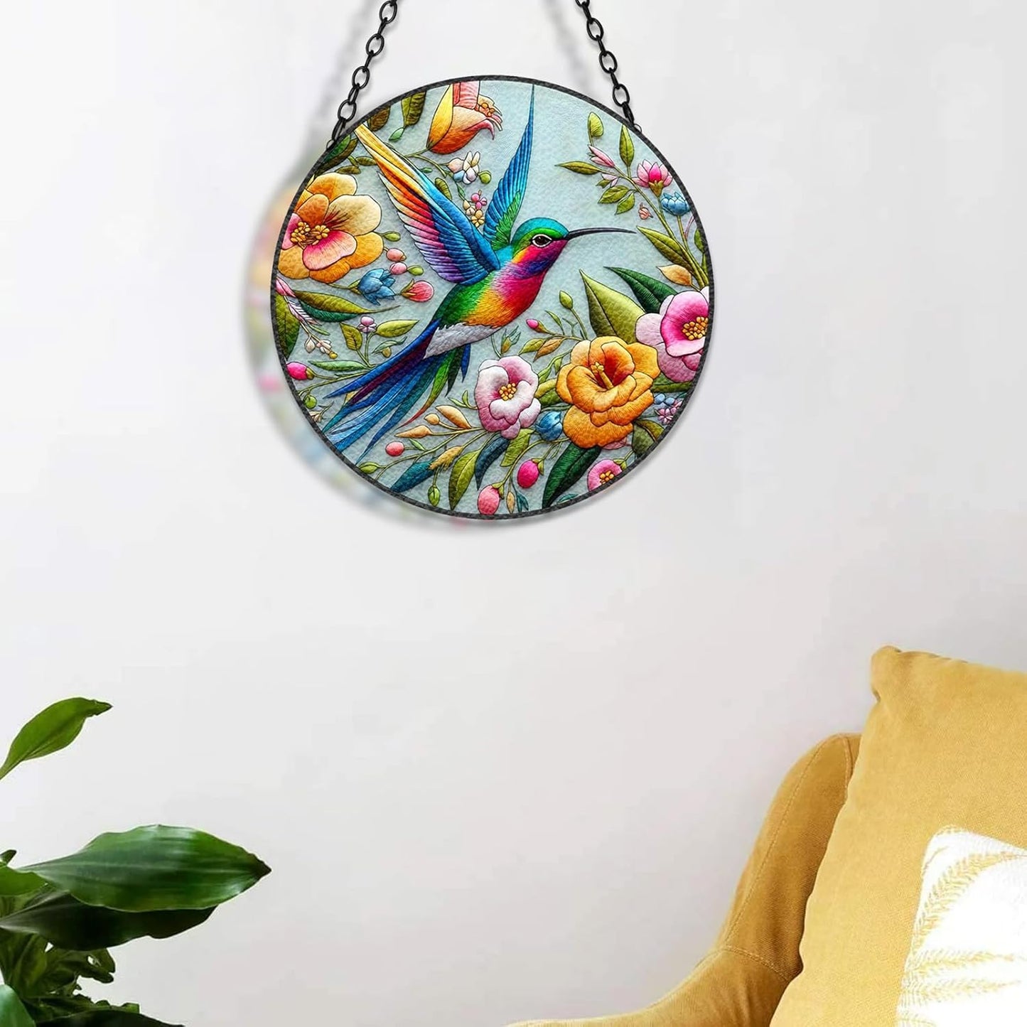 Hummingbird Suncatcher Stained Glass Window Hanging Design of 7.8''Hummingbirds Flowers for Sun Catchers Indoor Window Wall Art Home Decor Gift Painted Glass Panel