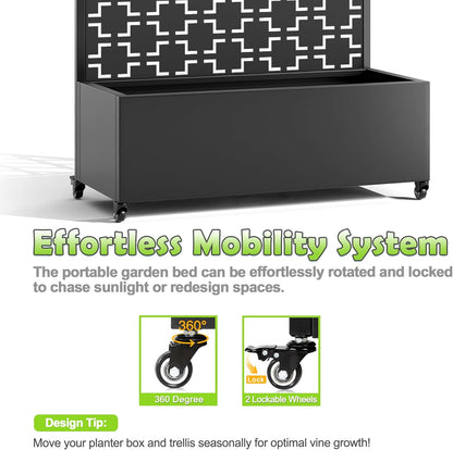 15.7"×70.9"×35.4" Metal Raised Garden Bed with Trellis and Wheels - Tall Trellis Planter Box for Climbing Plants, Vegetables & Vines - Outdoor Privacy Planters for Patio (Black-Square)