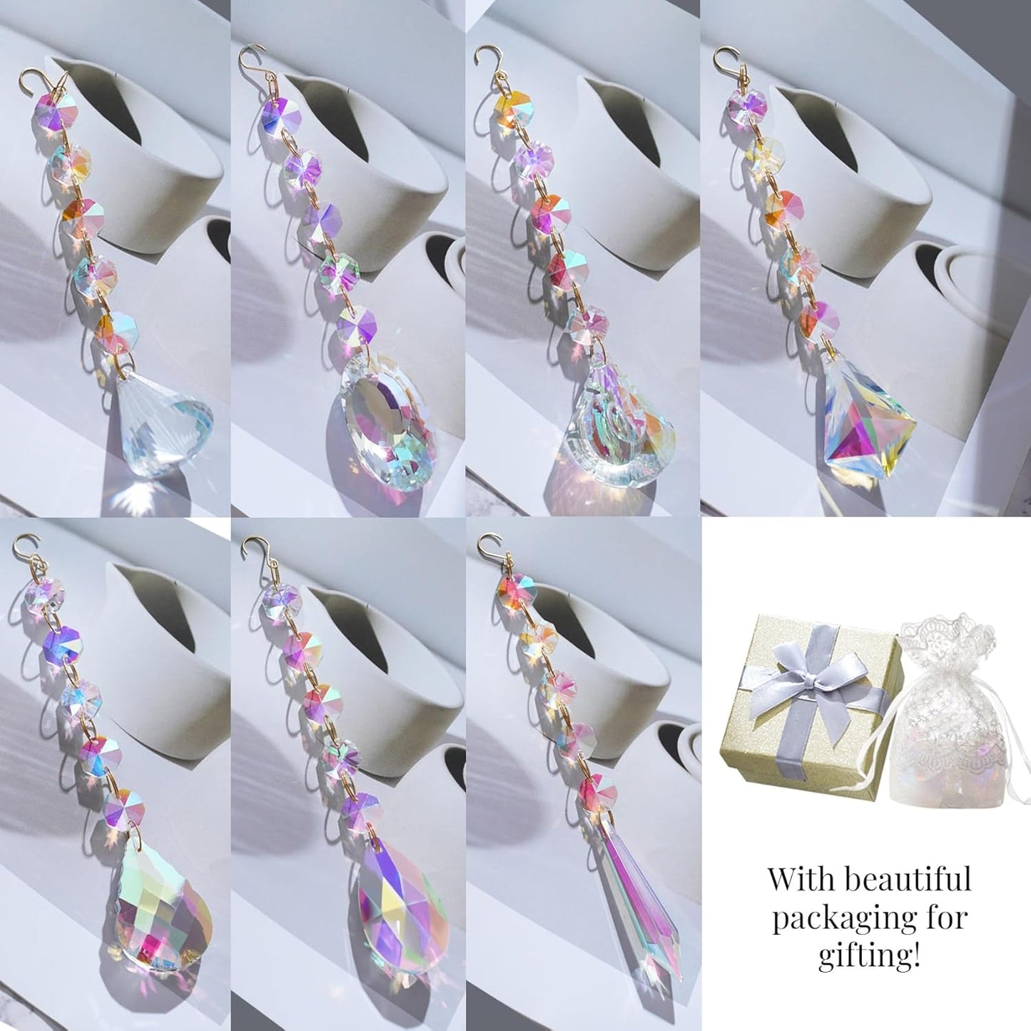 Sun Catchers for Windows Hanging, 7 Pcs Colored Crystals Suncatchers Prisms Glass Pendant Ornament for Chandelier Garden Home Room Decoration