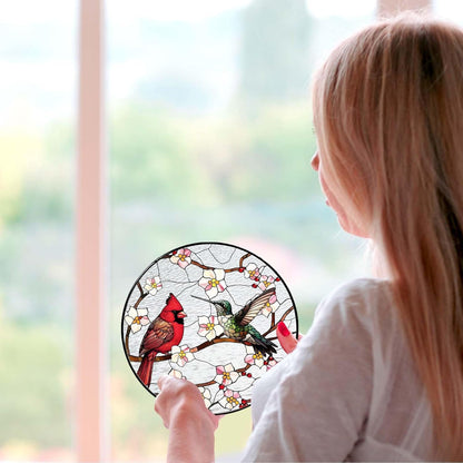 Cardinal&Hummingbird Stained Glass Window Hanging Birds Sun Catcher Cardinal Lover Gifts for Women Christmas Lovebirds Suncatchers for Garden Home Windows Hanging Decoration, 7.87inch