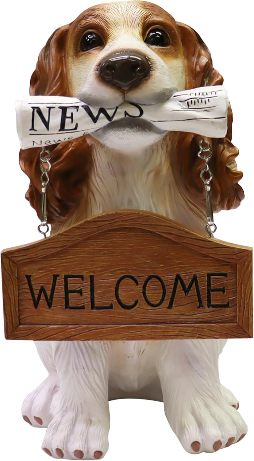 Nature's Mark Cocker Spaniel Dog Puppy Statue with Reversible Welcome Sign and Go Away Sign Resin Garden Decor 12" H