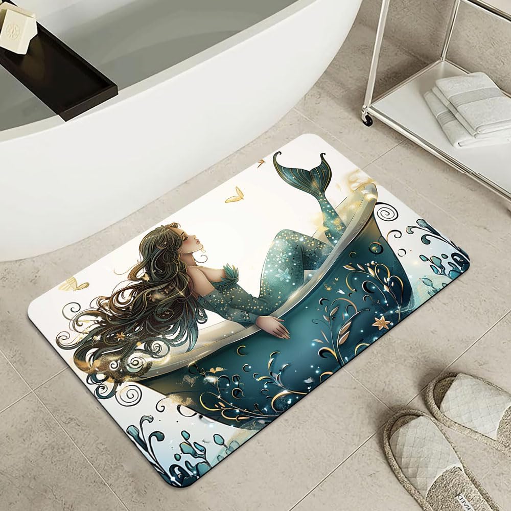 Bath Mat-Bathroom Rug，Bathtub Mermaid-Absorbent Non Slip Quick Dry Stain Resistant Easy to Clean Care Shower Rug for Bathtub Shower Room 17×27.5Inch (43 * 70cm)