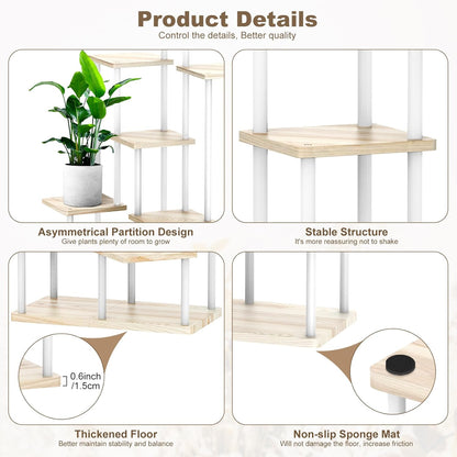 7 Tier Wood Tall Plant Stand Metal Rack Indoor, Multiple Flower Pot Holder Shelves Corner Rack, Planter Shelf Display Rack Storage Organizer for Patio Living Room Balcony Garden(White Oak)