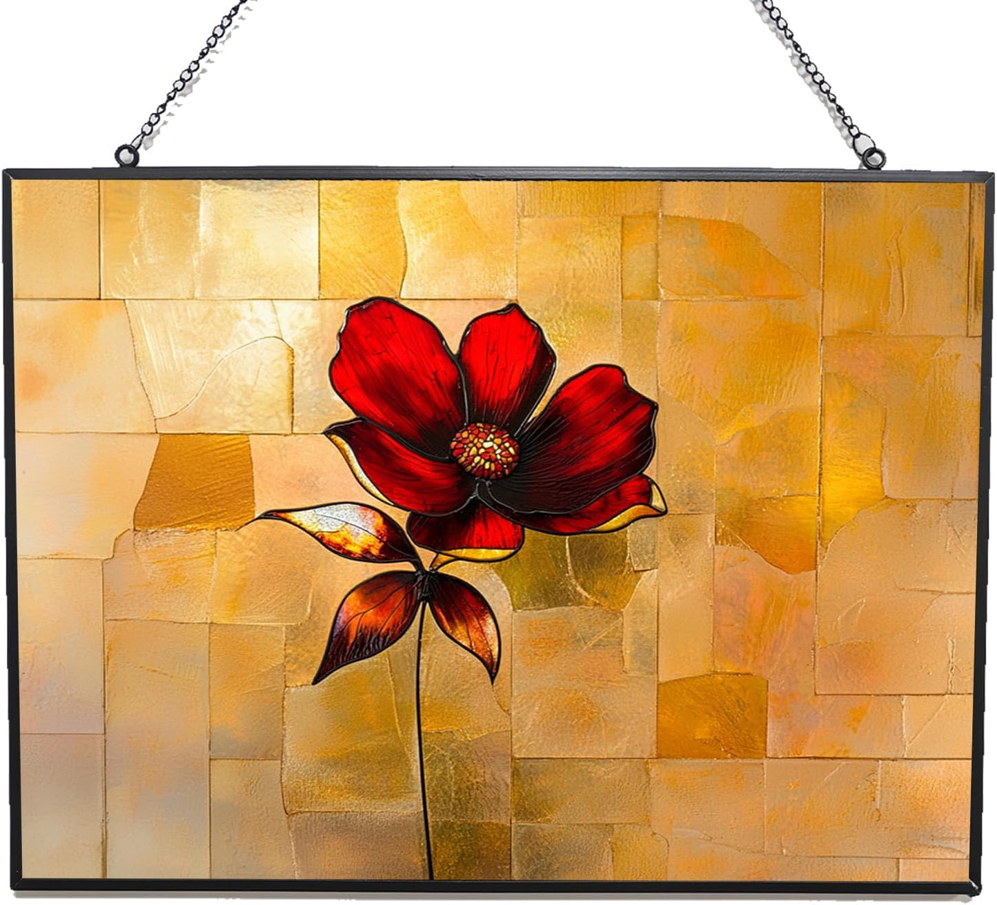 Personalized Rectangle Red Flower Stained Glass Window Hangings Stained Glass Suncatcher Birthday Gift for Mom Grandma Teacher Women Friend Memorial Hook