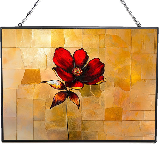 Personalized Rectangle Red Flower Stained Glass Window Hangings Stained Glass Suncatcher Birthday Gift for Mom Grandma Teacher Women Friend Memorial Hook