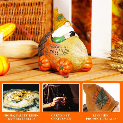 Topadorn Fall Gnome Statue Pine Cone Car with Pumpkin Wheel, Autumn Harvest Gnome Resin Figurine for Home and Outdoor, Thanksgiving Party Home Gnomes Decor