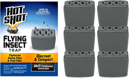 Hot Shot Flying Insect Trap, Discreet, Hassle-Free Trap Attracts, Captures House Flies and Fruit Flies, 24/7 Continuous Attraction, No Plug-in Or Electricity Needed, 6 Count