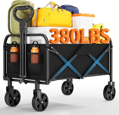 Collapsible Wagon Cart 380Lbs Capacity, Foldable Utility Portable Beach Wagon with All-Terrain Wheels, Adjustable Handle & Drink Holders, Carts with Wheels for Grocery, Camping, Shopping, Garden Cart