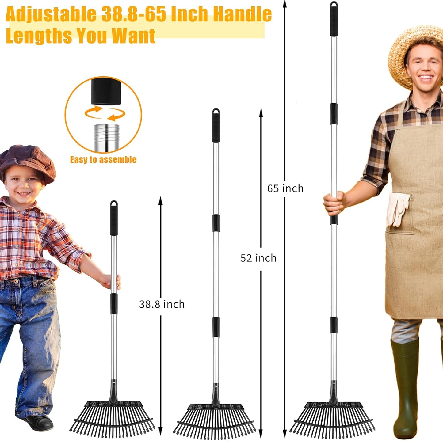 Rake for Leaves, 65 Inch Adjustable Long Handle Garden Leaf Rake, 18 Inch Wide Heavy Duty with 25 Metal Tines for Lawns Yard Shrubs Grass Gardening Camping Garbage Thatch