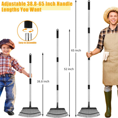 Rake for Leaves, 65 Inch Adjustable Long Handle Garden Leaf Rake, 18 Inch Wide Heavy Duty with 25 Metal Tines for Lawns Yard Shrubs Grass Gardening Camping Garbage Thatch