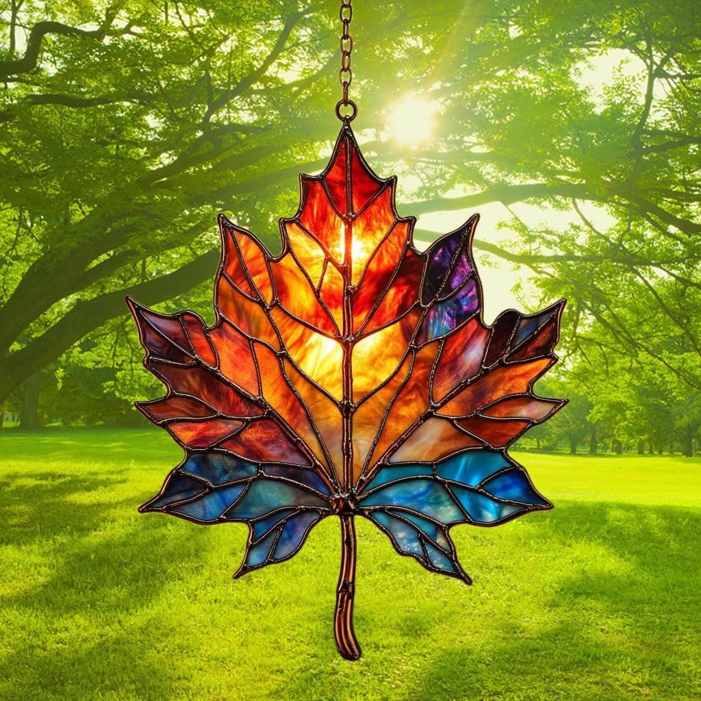 Maple Leaf in Autumn Acrylic Suncatcher Stained Glass Effect Window Car Hanging Christmas Ornament Indoor Outdoor Decor Garden Sun Catcher Panel for Maple Leaf Lover for Women Mom Grandma