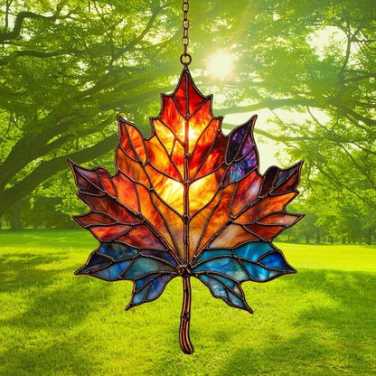 Maple Leaf in Autumn Acrylic Suncatcher Stained Glass Effect Window Car Hanging Christmas Ornament Indoor Outdoor Decor Garden Sun Catcher Panel for Maple Leaf Lover for Women Mom Grandma