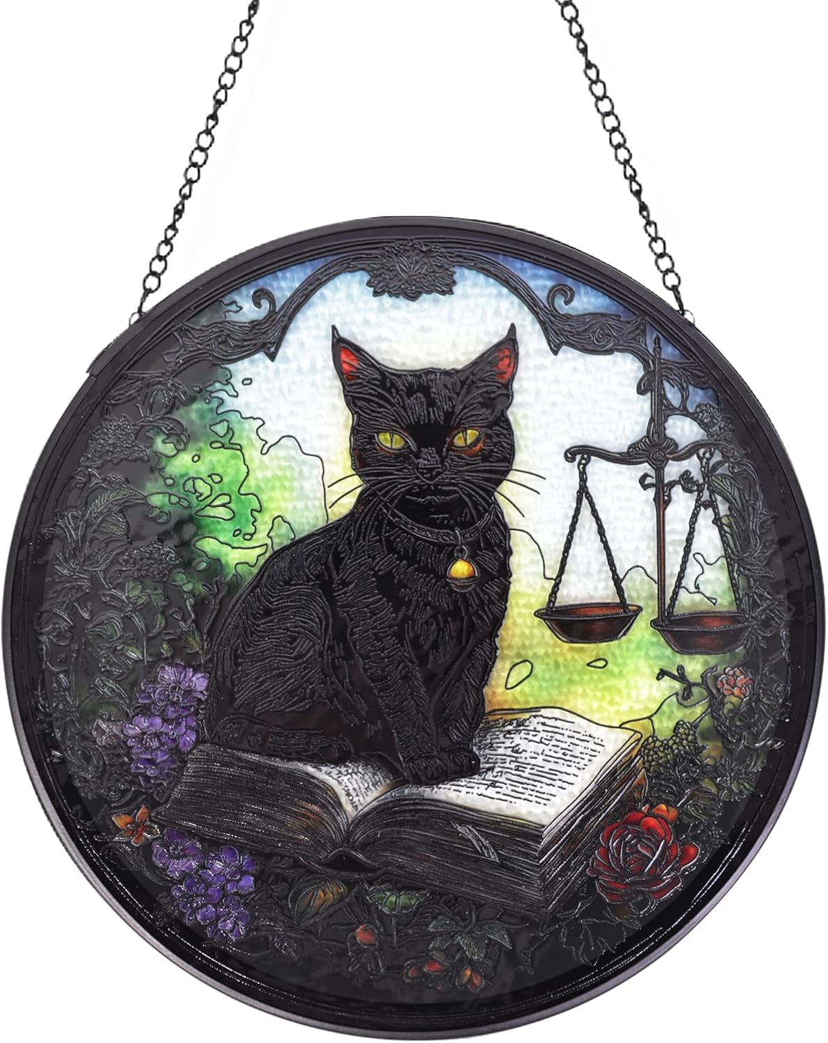 Black Cat Handmade Stained Glass Window Hanging Suncatcher with Chain - 7.9" Outdoor/Indoor Art Decor for Home Garden, Wedding, Mother's, Valentine's & Christmas Ornaments Present