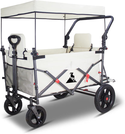 Collapsible Foldable Wagon Cart with Quick-Release Wheels & 2 Seats - Heavy-Duty Utility Wagon 265LBS Capacity for Camping, Garden, Shopping (Beige)