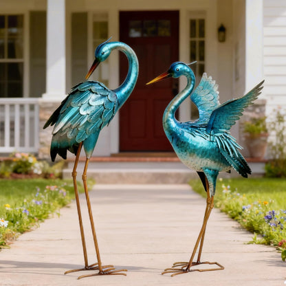 Garden Crane Statues for Outdoor Blue Heron Metal Birds Yard Art Ornaments for Backyard Pond Patio Porch Outside Decorations