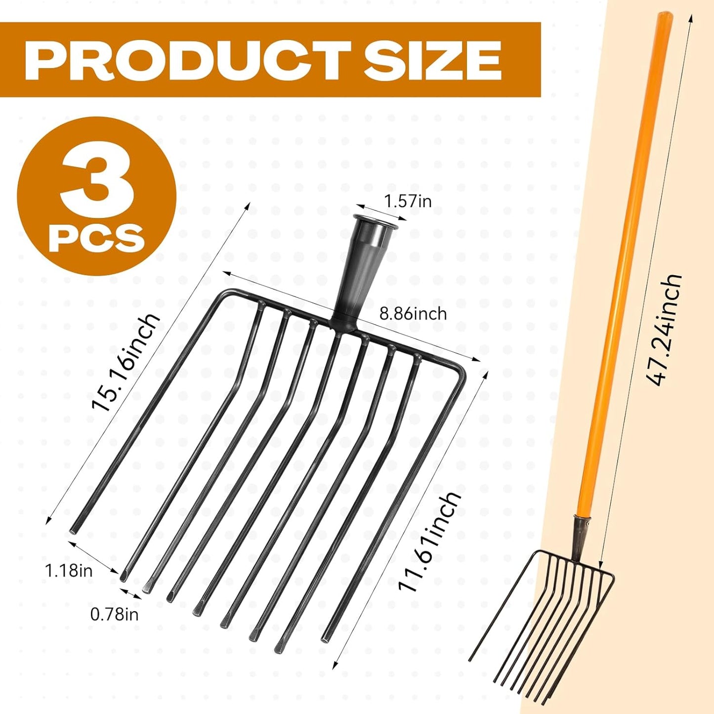 Pitch Fork, 3 Sets Heavy Duty Pitch Fork with 47.2" Wood Handle, 9-Tine Horse Stall Forks with Handle for Gardening Horse Stall Picking up Manure Farm