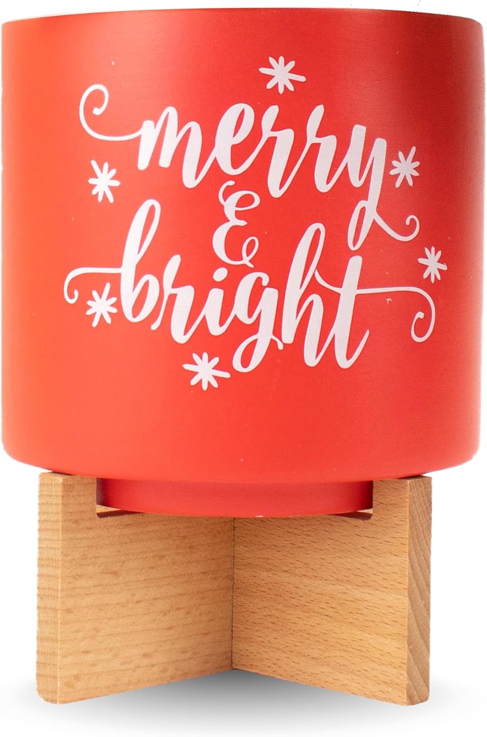 Ceramic Holiday Planter Pot, Merry & Bright Design, Red & White, Holds 4" House Plant or Succulent, Festive Winter Christmas Home Décor with Wood Stand