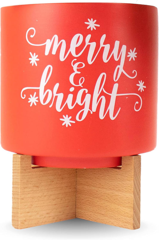 Ceramic Holiday Planter Pot, Merry & Bright Design, Red & White, Holds 4" House Plant or Succulent, Festive Winter Christmas Home Décor with Wood Stand