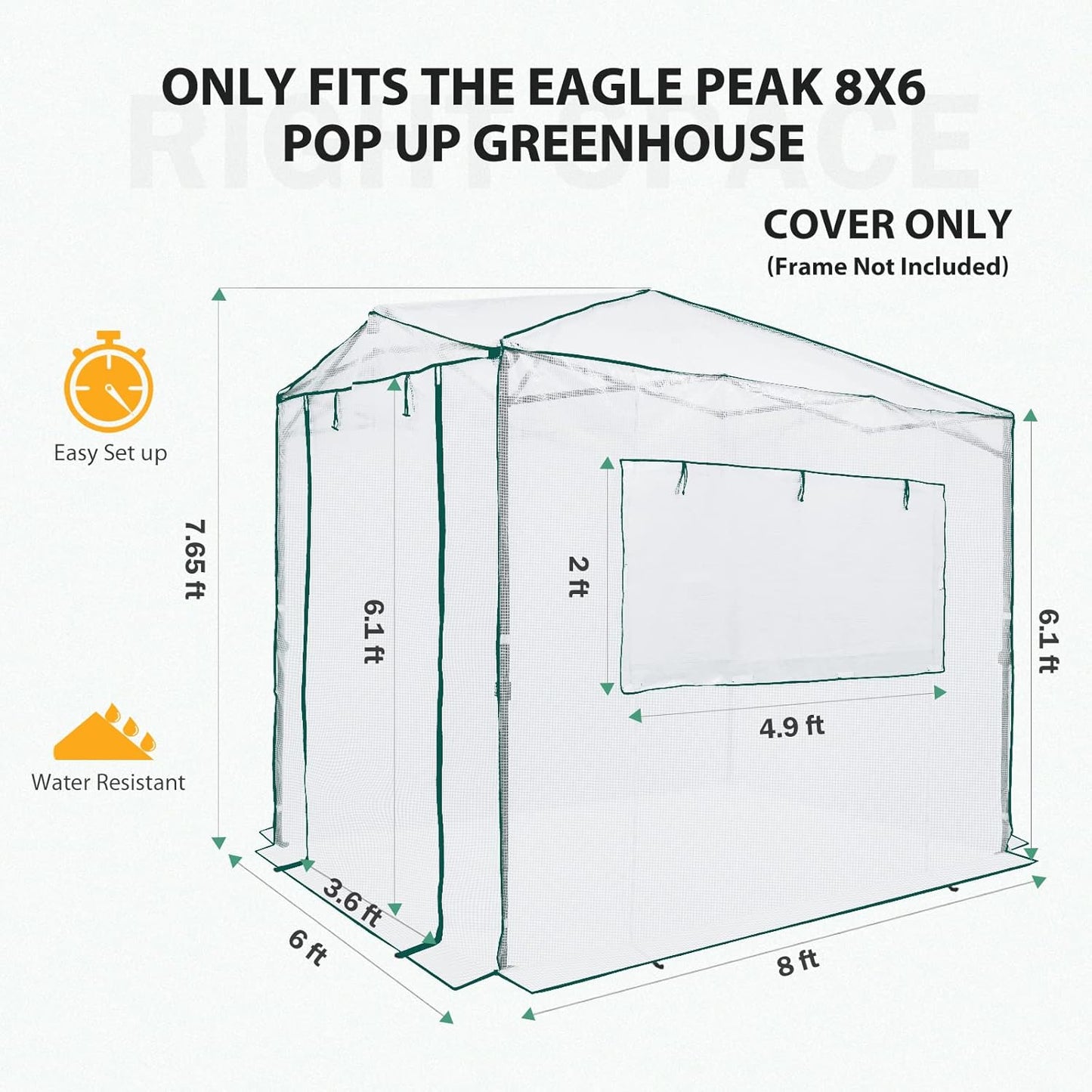 EAGLE PEAK Replacement Cover for 8x6 Portable Walk-in Pop up Greenhouse, Front and Rear Roll-Up Zipper Entry Doors and 2 Large Roll-Up Side Windows (Frame Not Included), White