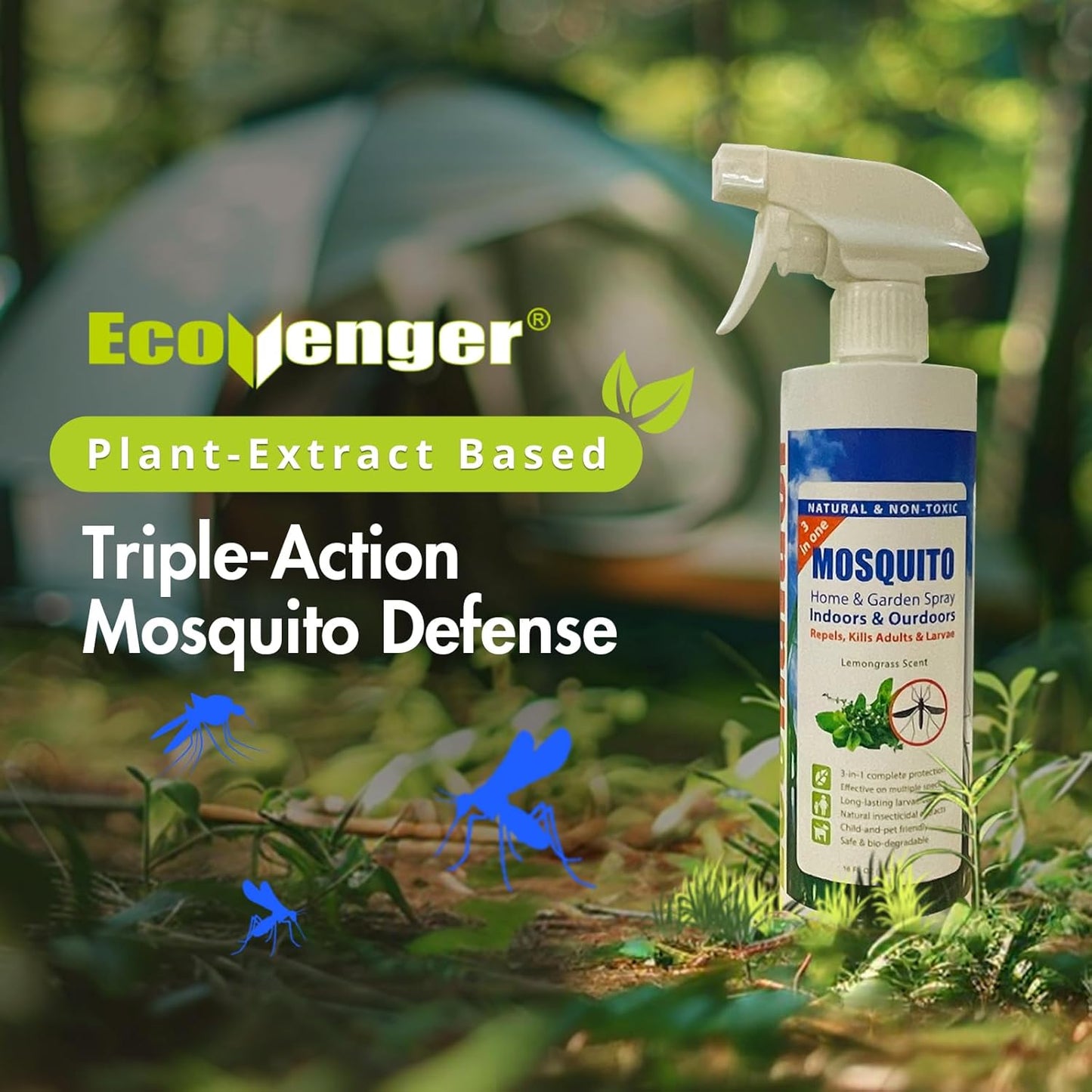 EcoVenger Mosquito Killer by EcoRaider Triple-Action Spray 16 oz, Kills All Stages + Larvae Control + Lasting Repellency, Indoor & Outdoor, Citrus Scent, Non-Toxic Plant Based Formula