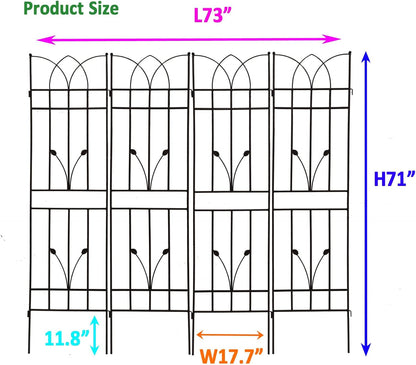 4 Pack Metal Garden Trellis 71" Black Fence Rustproof Garden Trellis for Climbing Plants Support Roses Flower Outdoor Lawn, Black