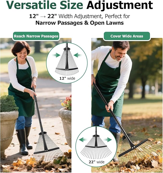 Extra Wide 22-Tines Adjustable Leaf Rake & Leaf Scoops Set, 12"-22" Width Adjustable Metal Garden Lawn Rake for Leaves, Heavy Duty & Lightweight for Flower Bed/Under Shrub/Pine Needle & Narrow Space