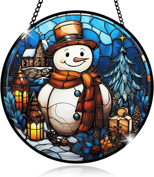 Snowman Stained Glass Window Hanging, Christmas Snowman Stained Glass Window Hanging, Snowflake Glass Ornam Decoration for Winter Holiday Party, Merry Christmas Glass Ornament Gift for Family Friend