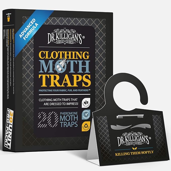 Dr. Killigan's Premium Double Potent Clothing Moth Traps with Pheromones Prime - Organic Trap with Lure for Clothes Closets & Carpet - Case Making & Web Spinning Moth Prevention (20 Pack, Black)