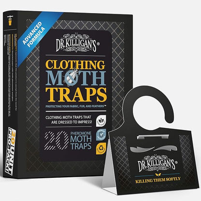 Dr. Killigan's Premium Double Potent Clothing Moth Traps with Pheromones Prime - Organic Trap with Lure for Clothes Closets & Carpet - Case Making & Web Spinning Moth Prevention (20 Pack, Black)