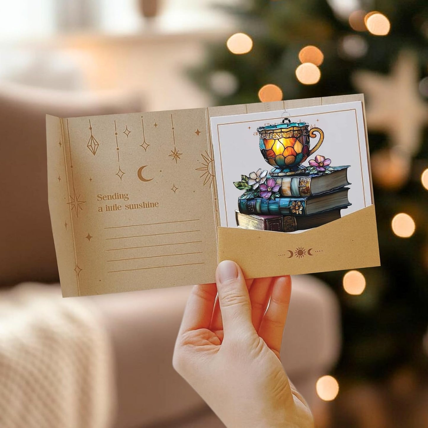 Bookish Teacup Acrylic Suncatcher Stained Glass Effect Window Car Hanging Christmas Ornament Indoor Outdoor Decor Garden Sun Catcher Panel Gifts for Bookworm Lover for Women Mom Grandma