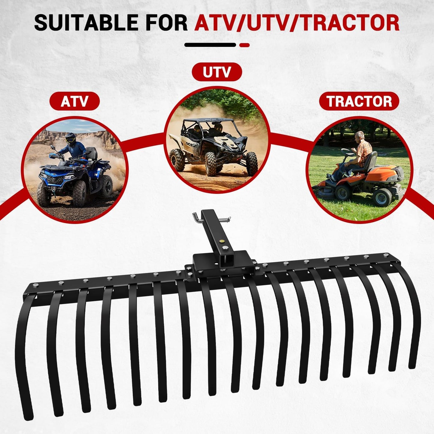 48" Durable Tow Behind Landscape Rake Tractors Rake Fits 2" Receiver for Lawn Tractors or ATV/UTV，Black